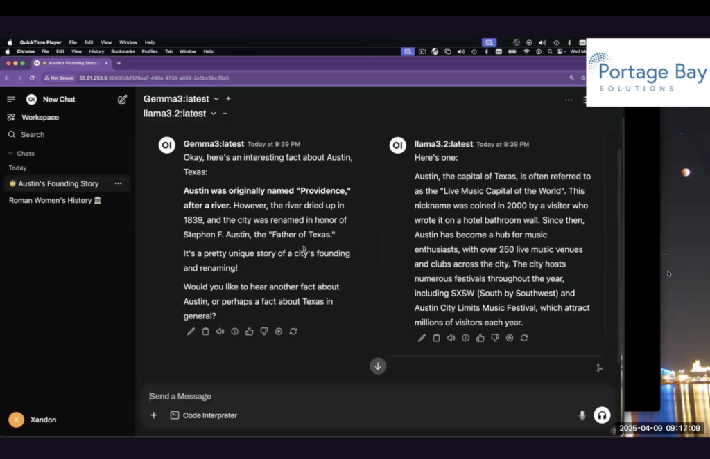Slide 7, showing the two different answers given by Gemma 3 and Ollama at the same time when asked the same question: Tell me a fun fact about Austin